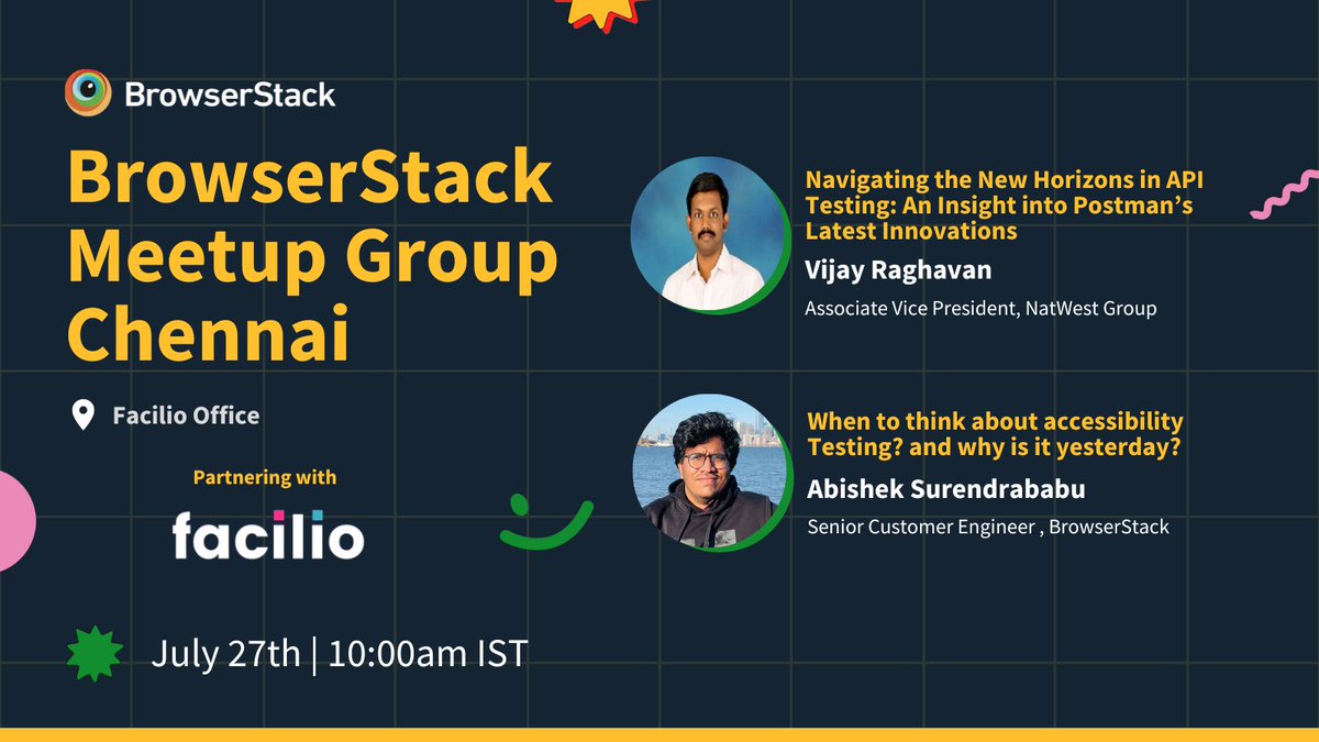 browserstack's tweet image. Hello Chennai!! 👋

Join us for the two exciting session in our Chennai meetup:

➡️ Navigating the New Horizons in #APITesting: An Insight into Postman’s Latest Innovations
➡️ When to think about #AccessibilityTesting? &amp;amp; why is it yesterday?

Register now: bit.ly/3LvlHoR