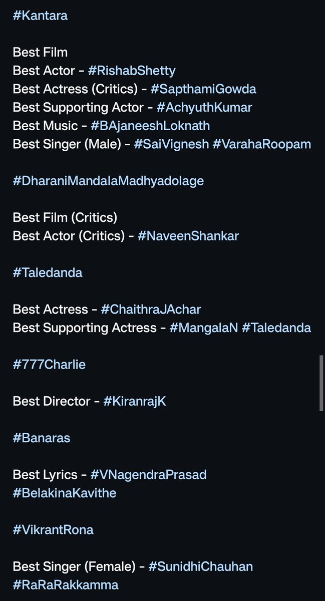 BoxOffice_Films's tweet photo. #68thFilmfareAwardsSouth #Kannada #Sandalwood Winners 👏

#Kantara - 6
#DharaniMandalaMadhyadolage - 2
#Taledanda - 2
#777Charlie - 1
#Banaras - 1
#VikrantRona - 1

#RishabShetty #SapthamiGowda #ChaithraAchar #AchyuthKumar #NaveenShankar #SunidhiChauhan #FilmfareAwardsSouth https://t.co/wrqbaTDzkn