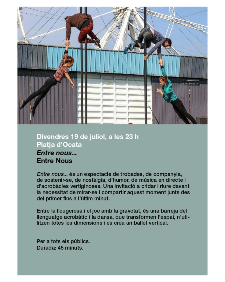 elmasnou_cat's tweet photo. 🤣 El @plederiure ve carregat d’activitats a la platja d’Ocata!

🦘 Gaudeix de les acrobàcies de NüShu, l’espectacle d’en @plaza_pep i del ballet vertical! 🩰 

Tota la programació 👉  https://t.co/WT0WmCcHS9 https://t.co/roiNLoeYzY