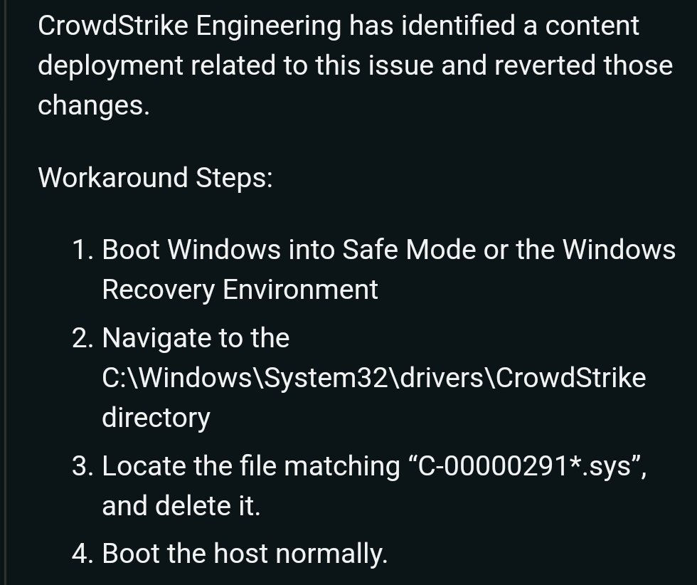 <a href="/George_Kurtz/">George Kurtz</a> If your computer is affected by the #Crowdstrike outage, here is a workaround that the CEO couldn't be bothered to post.