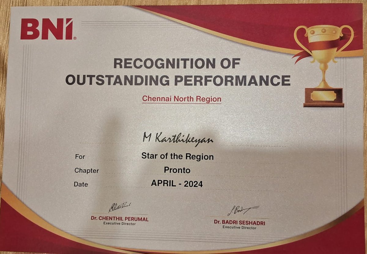 BniPronto's tweet photo. Celebrating excellence with Anuvarshini &amp; Karthikeyan! 🏆 Your outstanding performance has not gone unnoticed. We’re thrilled to honor your hard work and commitment at BNI Pronto. Congratulations on this well-deserved recognition! 👏 .
#BNI #BNIPronto #BNIChennaiNorth #BNIFamily https://t.co/jsgzEVXjz7