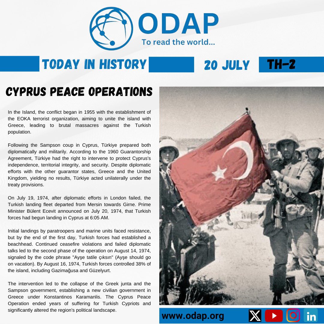 odapenglish's tweet photo. Today in History - 2 

On the 50th anniversary of the Cyprus Peace Operation, we commemorate with respect and gratitude our heroic soldiers who ended the oppression of our Turkish compatriots in Cyprus. https://t.co/PKF8D9iIsS