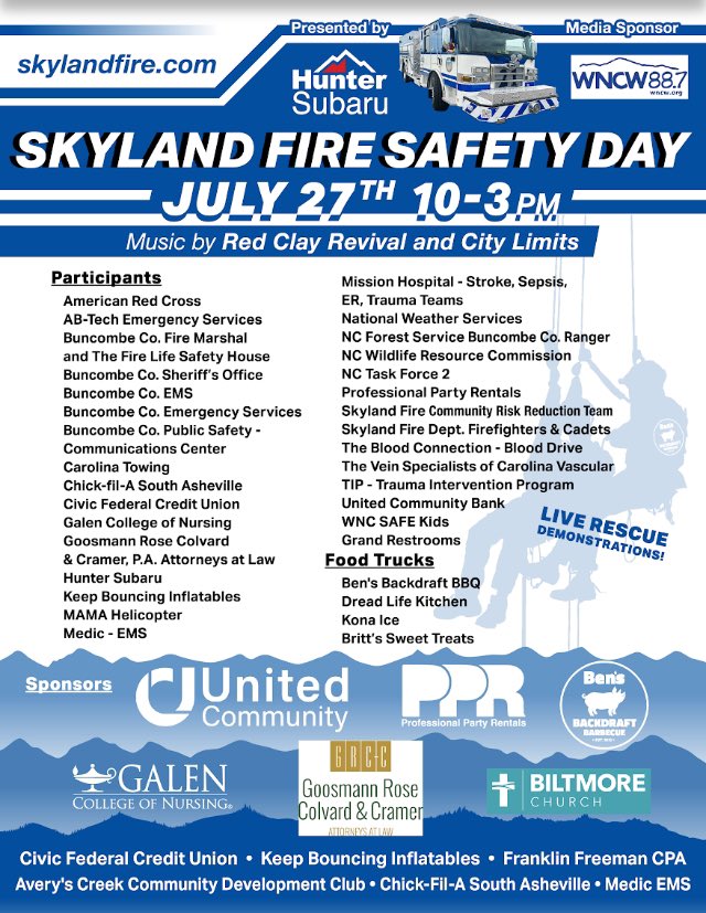 We hope to see you <a href="/biltmore/">Biltmore Church</a> Arden Campus on July 27th for SFD Safety Day presented by <a href="/hunterautogroup/">Hunter Auto Group</a> (Hunter Subaru)