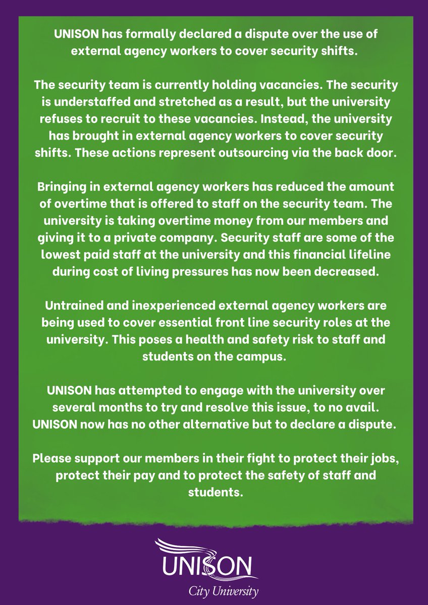 🚨📢Breaking news: UNISON declares dispute with <a href="/CityUniLondon/">Anna</a>

UNISON has formally declared a dispute over the use of external agency workers to cover security shifts.

Please support our members fighting for pay, safety and against outsourcing ✊🏻✊🏽✊🏿

#mycityuni #citygrad