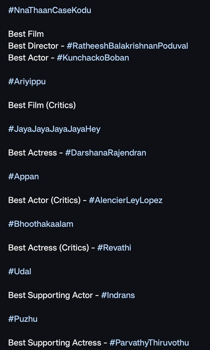BoxOffice_Films's tweet photo. #68thFilmfareAwardsSouth #Malayalam #Mollywood Winners 👏

#NnaThaanCaseKodu - 3
#JayaJayaJayaJayaHey
#Udal #Puzhu #Vaashi #Hridayam #BheeshmaParvam #PathonpathamNootandu #Appan #Bhoothakaalam #Ariyippu - 1

#KunchackoBoban #ParvathyThiruvothu #Revathi #FilmfareAwardsSouth https://t.co/ifMOkkXCyw