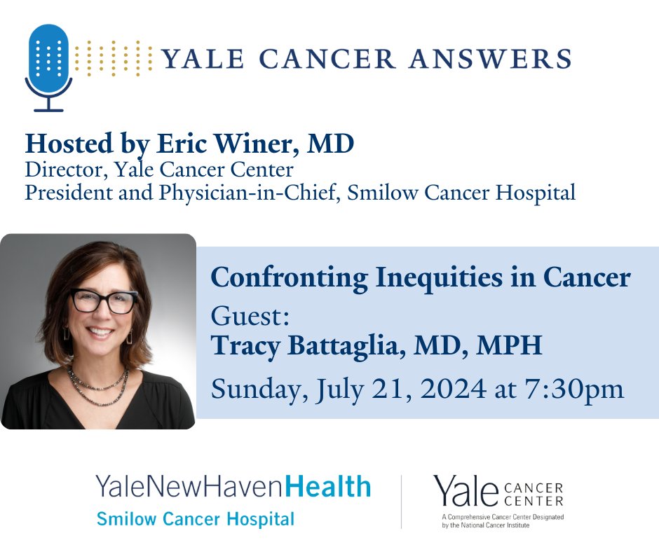 YaleCancer's tweet photo. Tonight at 7:30pm #YaleCancerAnswer's new host, @DrEricWiner, interviews Dr. Tracy Battaglia to discuss her research into #healthdisparities in #cancer. Listen live on @wnpr, download @iTunes, or watch @YouTube.  @YaleMed @SmilowCancer @YNHH https://t.co/bR3CDRq0hU