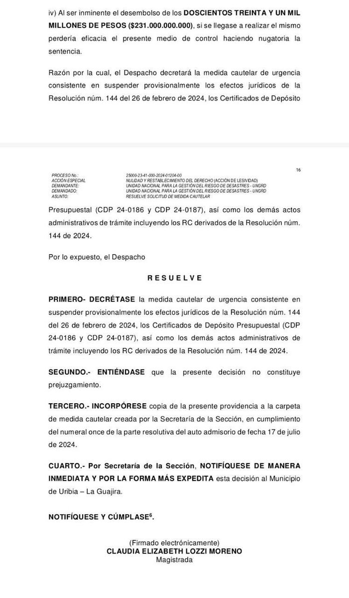 tamaraargote's tweet photo. 🔴 El Tribunal Administrativo de Cundinamarca decreta medida cautelar y restablecimiento de derechos ante demanda interpuesta POR LA PROPIA UNGRD contra sí misma, para preservar $231.000 millones que no serán girados al Municipio de Uribia, La Guajira, por la posible ilegalidad de los fondos. Esta medida suspende los efectos jurídicos y presupuestales de la Resolución núm. 144 de 2024, expedida a finales de la administración del exdirector Olmedo López.