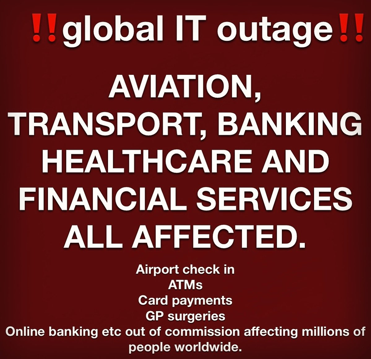 KSCUBKEE's tweet photo. Let’s go all digital they said, it’ll be great they said……apparently it’s a flaw in a software update by crowdstrike cybersecurity provider that has caused this worldwide crash. I can’t say I’m not pleased to see this in the drive to eradicate cash and freedom along with it. https://t.co/BKDCwSuLyg