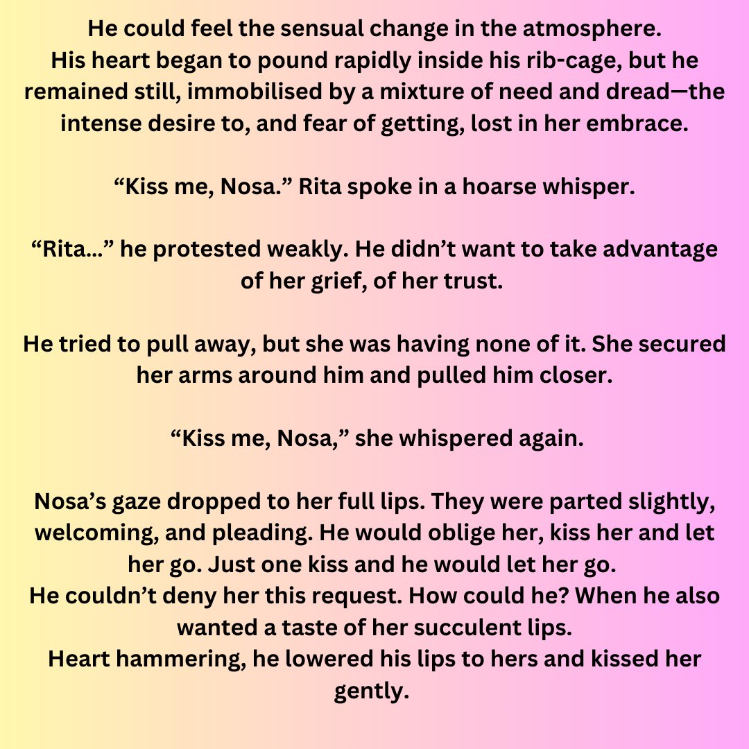 AmakaAzie's tweet photo. “Kiss me, Nosa.” Rita spoke in a hoarse whisper.
“Rita…” he protested weakly. He didn’t want to take advantage of her grief, of her trust.
I love writing and reading about #firstkisses
#romancenovels #Nigerianindieromanceauthors https://t.co/n2Dawx90Ak