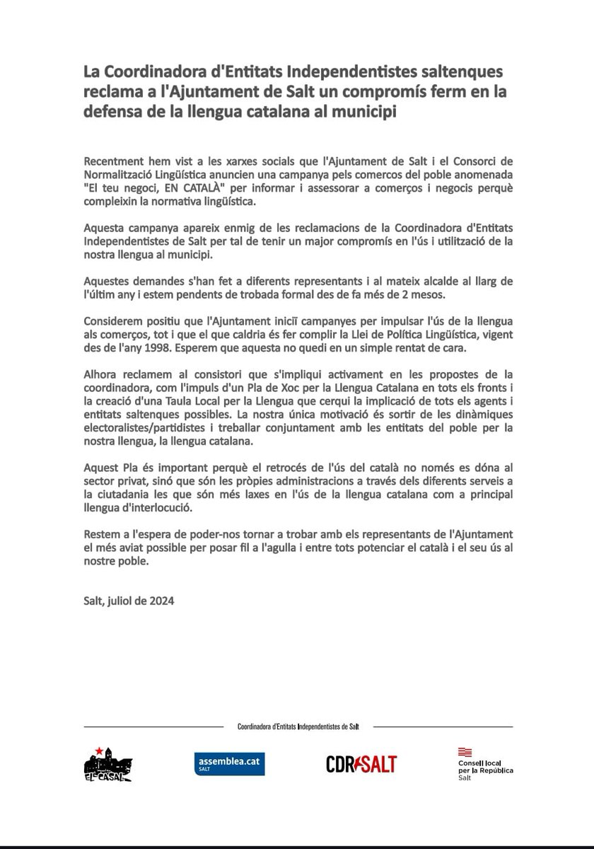 La llengua catalana necessita d'un compromís important i transversal. Reclamem a l'Ajuntament que no es limiti només a fer quatre piulades a les xarxes, cal q tots els serveis municipals promoguin l'ús del català i no es subordinin lingüísticament a la primera de canvi.