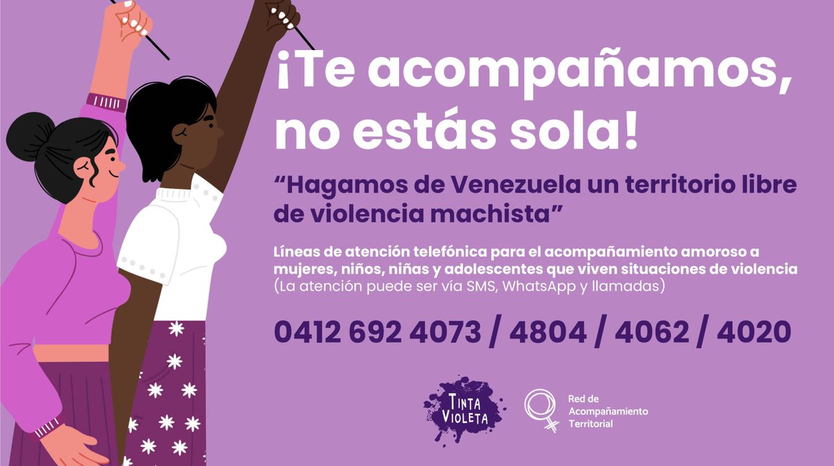 entintavioleta's tweet photo. ♀️La Red de Acompañamiento Territorial, plataforma que agrupa a distintas colectivas para brindar apoyo a mujeres y NNA, pone a disposición estos números de atención en casos de VbG.

📲 Por SMS, WhatsApp y llamadas
⏰ De 8 am a 8 pm
🆓 Servicios gratuitos https://t.co/zb729uEoy8