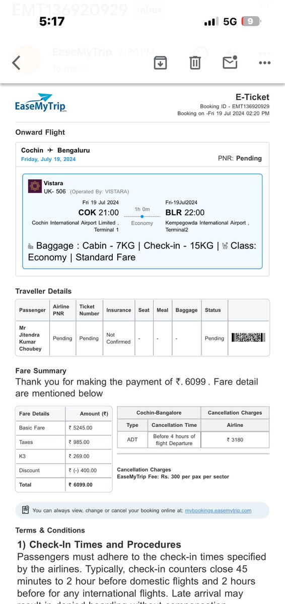 jitendrachoubey's tweet photo. @EaseMyTrip I have booked my flight ticket  for Vistara Airlines through your app. Now I have received mail without PNR no. Payment is deducted . Now both Vistara and EaseMy trip is not responding on this. 

I could reach Vistara Airlines and , they are not responsible. https://t.co/tXsY8h3MoW