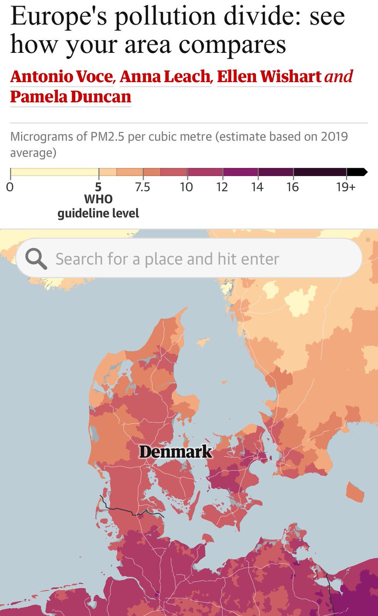 The Guardian har et kort, der illustrerer den generelle luftforurening i Danmark: Ingen områder i Dk inden for WHO-niveau. Og København er blandt de hårdest ramte områder. #renluft #dkpol #kbhpol #luftforurening