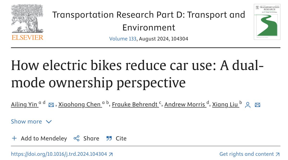 More evidence that e-bikes are car-replacers:

New study of Shanghai finds that owning an e-bike leads car mode share to fall as much as 19%.

doi.org/10.1016/j.trd.…