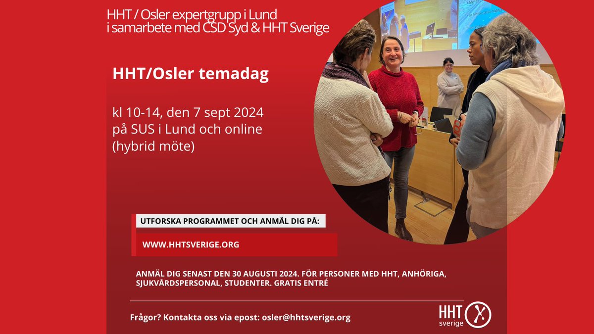 🌟 Missa inte vår Temadag om HHT/Osler's sjukdom på Skånes Universitetssjukhuset i Lund den 7 sept! 🌟 Lär dig mer om sjukdomen, träffa experter och dela erfarenheter med andra. Anmäl dig nu på hhtsverige.org! #HHT #Osler #SUSLund <a href="/sallsynt/">Sällsynta diagnoser /Rare Diseases Sweden</a> #patient #rarediseases