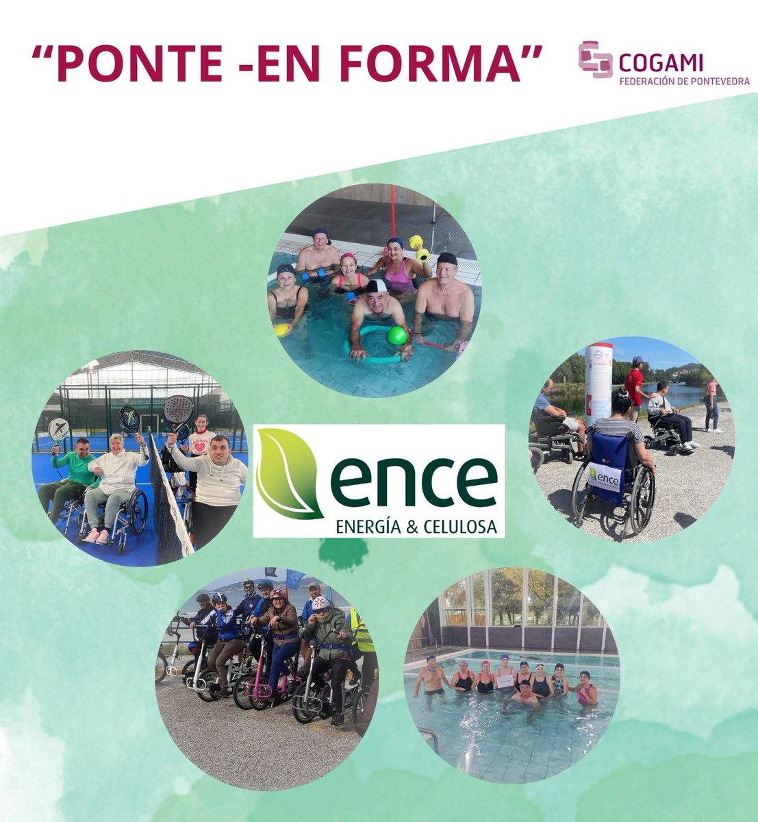 FEDERACINCOGAM1's tweet photo. "PONTE-EN FORMA" proxecto multideportivo que engloba a práctica de deportes e dirixido a persoas con discapacidad, gracias a dotación económica de ENCE  a través do Plan Social Pontevedra 2023, natación, pádel, sendeiros e outras actividades multideportivas. https://t.co/Tc5Md3bohw