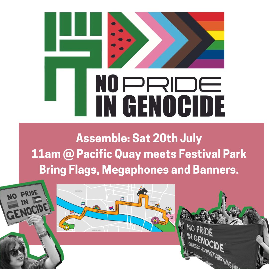ScottishTUC's tweet photo. Pride is a Protest ✊🏼  🏳️‍🌈  🏳️‍⚧️ ✊🏾
Join @STUCLGBT in the Radical Bloc at Glasgow Pride this Saturday #NoPrideInGenocide https://t.co/gD4JapuJFO