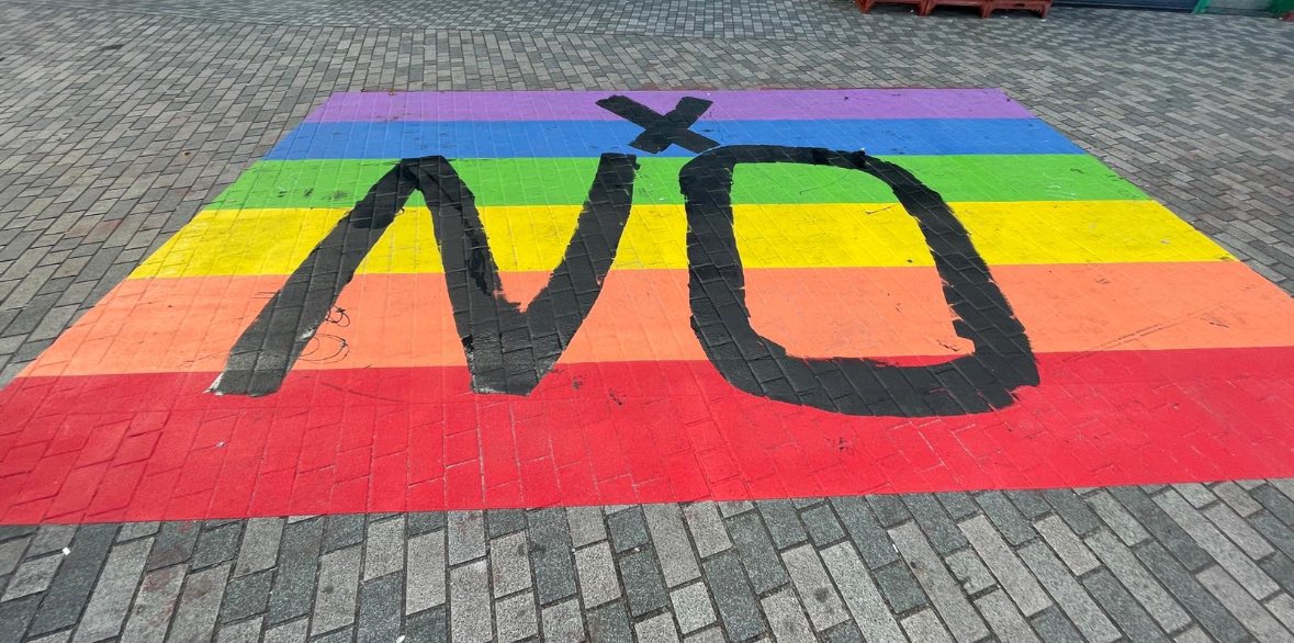 Uma_Kumaran's tweet photo. I’m sorry to share these images. Sadly, once again, the flags in Forest Gate have been defaced.

I will do everything in my power to tackle LGBT+ hate crime.

I know the fear and hurt this causes. 

I’ll work with Newham Council, local police &amp; the Minister for equalities on this https://t.co/8zDzDYXee8