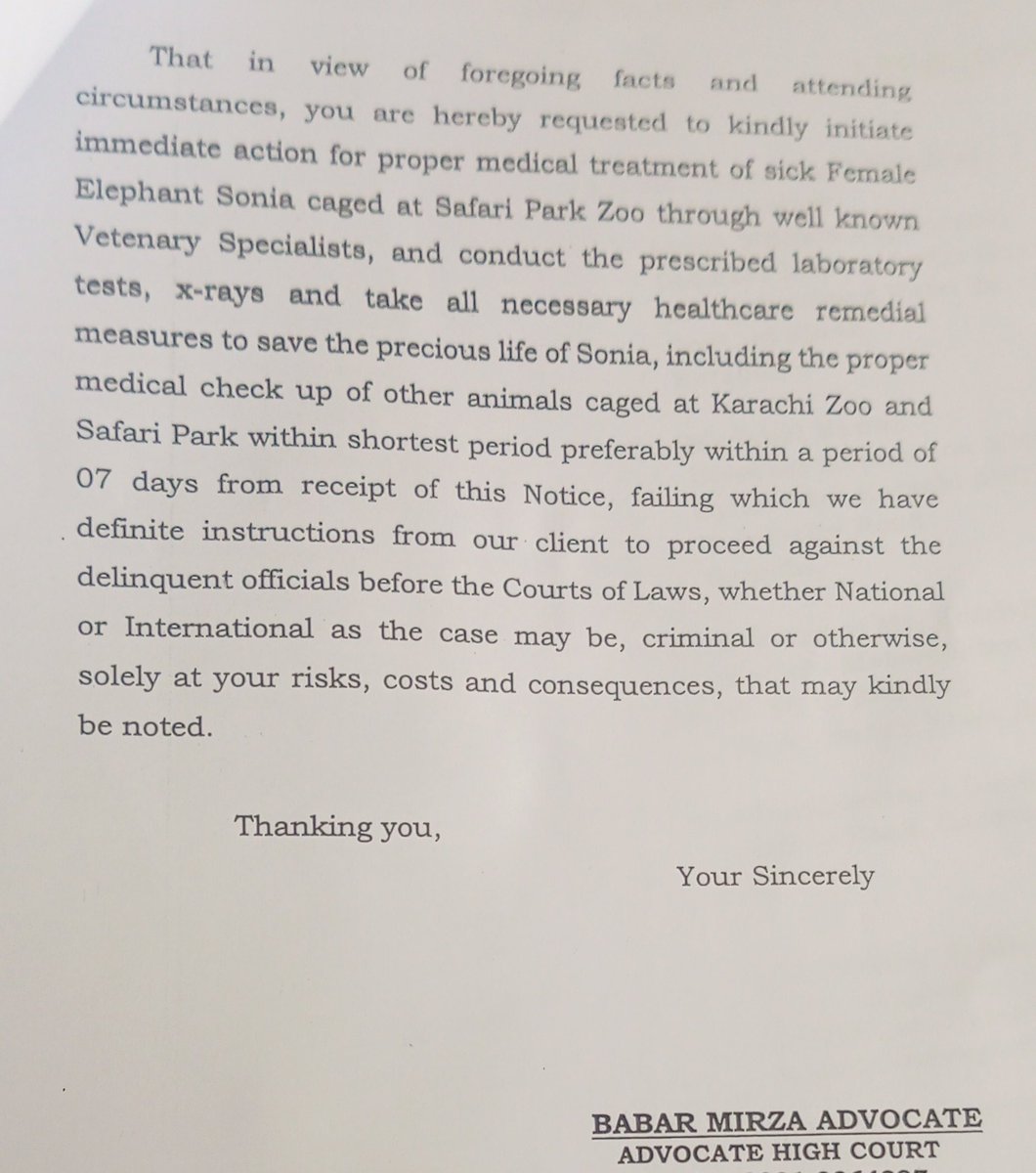BabarMirzaAdv's tweet photo. Legal Notice♦️♦️ to  authorities to rescue female elephant 'Sonia' &amp; other wild animals in Karachi zoo &amp; Safari Park zoo♦️♦️ https://t.co/yTdeMDDjyo