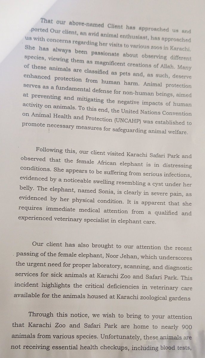 BabarMirzaAdv's tweet photo. Legal Notice♦️♦️ to  authorities to rescue female elephant 'Sonia' &amp; other wild animals in Karachi zoo &amp; Safari Park zoo♦️♦️ https://t.co/yTdeMDDjyo