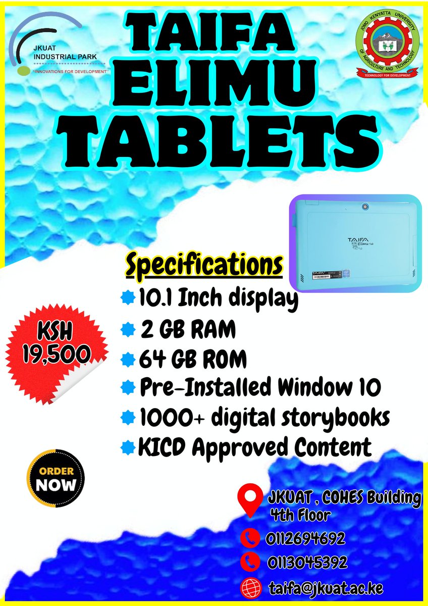 DiscoverJKUATIP's tweet photo. Equip your child with the ultimate educational tool, the Taifa Elimu Tablet. Designed with young learners in mind, this tablet combines cutting-edge technology with user-friendly features to create an enriching educational experience.
Plus Approved KICD Content for all grades! https://t.co/8WwldNGHvC