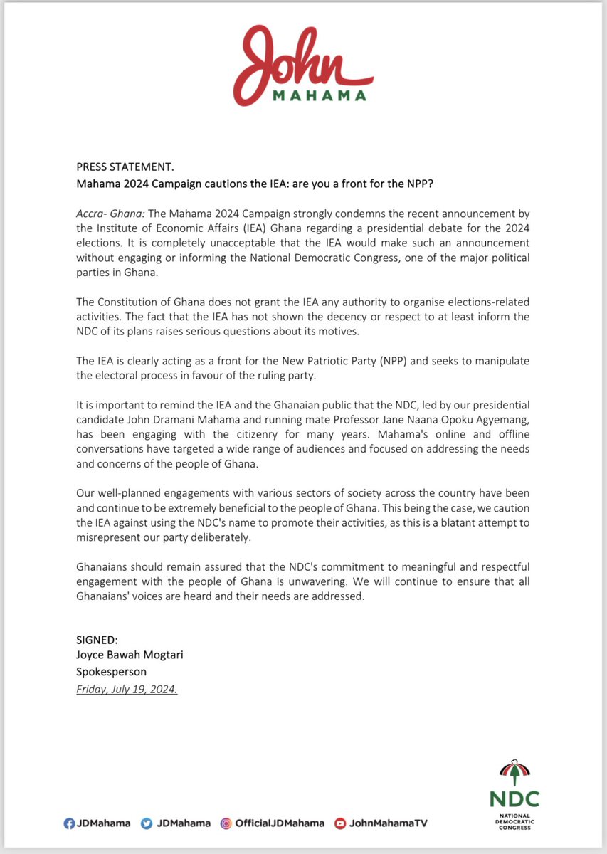 joyce_bawah's tweet photo. Good morning everyone!
Mahama 2024 Campaign cautions the IEA: Are you a front for the NPP? 
Thank you. https://t.co/7PbyhcJVgk