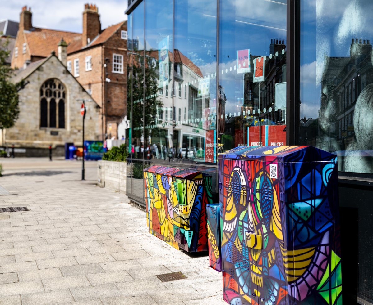 YorkArchivesUK's tweet photo. Archives 🤝 Graffiti art 

📍 Stonebow, York

Have you seen the new bit of colour in York this week?  The 'Outside the Box' public art project funded by @UkNatArchives showcases our Knowles stained glass collection in a unique new way in these mini murals by artist HazardOne

1/3 https://t.co/whmCHqFjTT