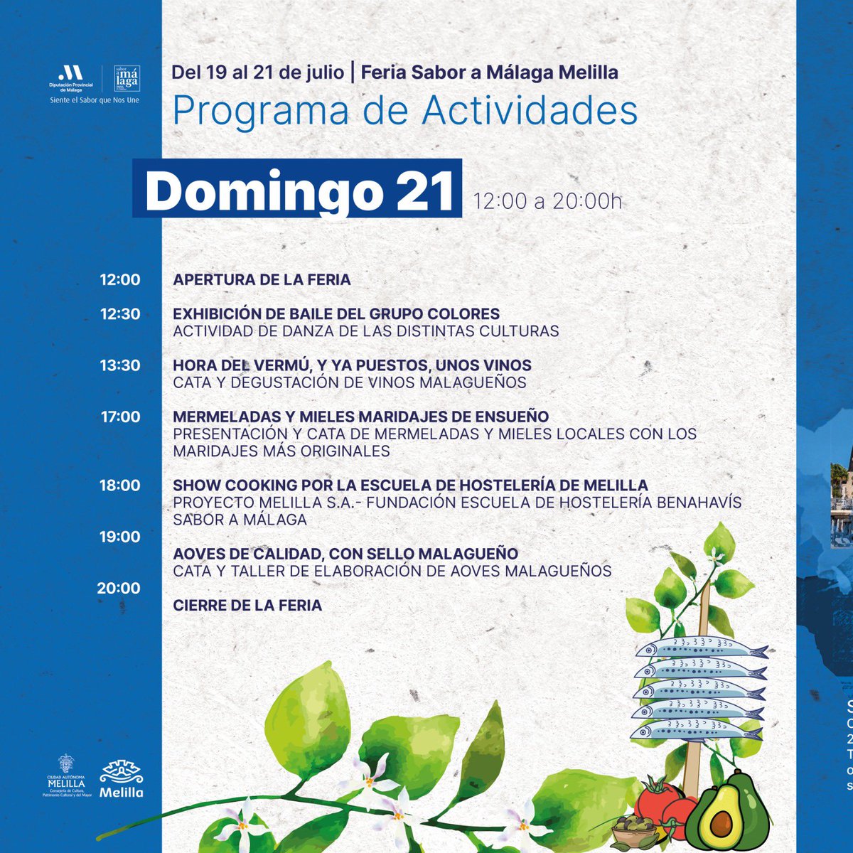 Desde hoy y hasta el domingo tenemos una nueva Feria #SaboraMálaga, en esta ocasión, ¡en #Melilla! Nos acompaña una selección de productos #SaboraMálaga: Aceite de Oliva Virgen Extra, vinos, quesos, chacinas, dulces… Os esperamos en Plaza de las Culturas 😄💙