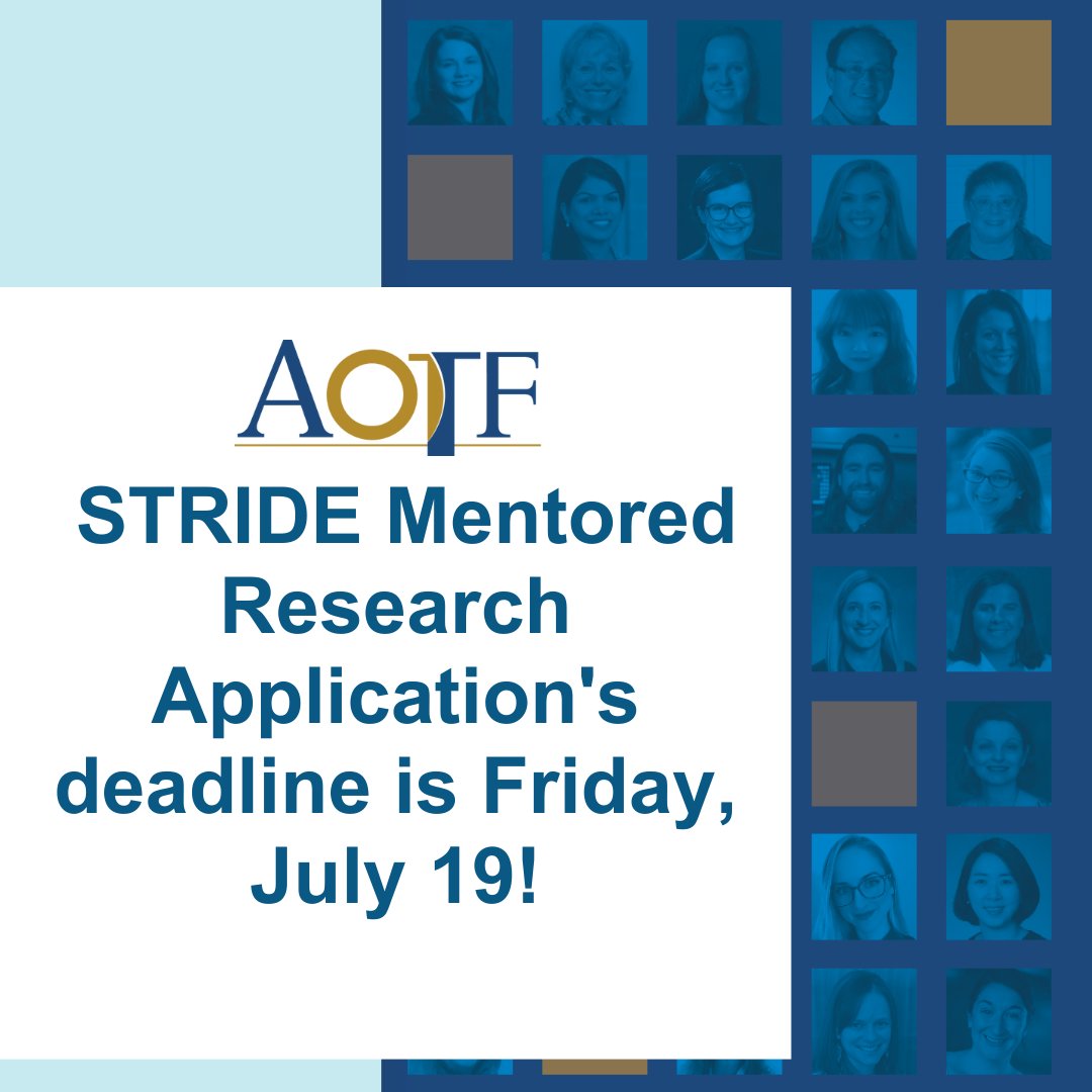 AOTFoundation's tweet photo. 📢Don't forget to submit your #AOTFSTRIDE Mentored Research Scholarship application today! July 19th. Visit:
https://t.co/4kmUzt0sAn
#occupationaltherapy #research #lastcall # #OTScholarship #ResearchOpportunity https://t.co/8Bfj6RHhEo