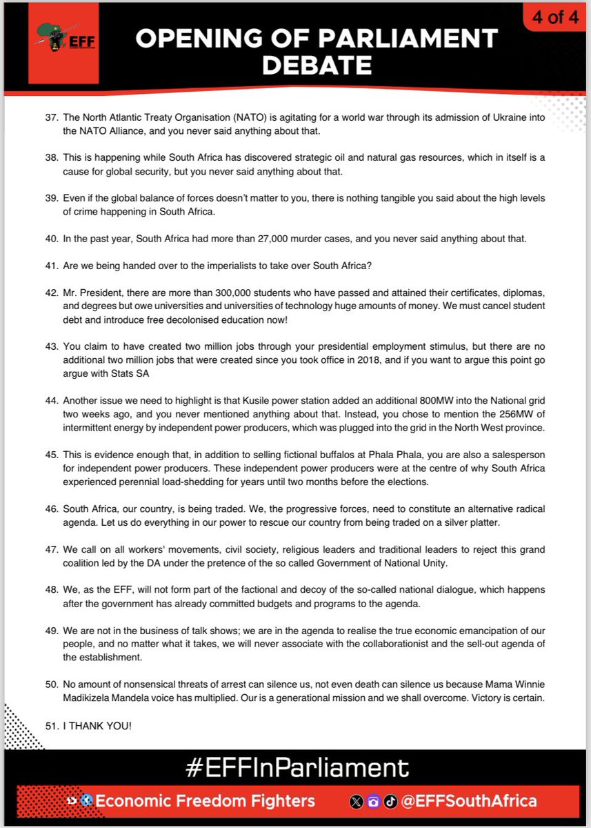 EFFSouthAfrica's tweet photo. ♦️Must Read♦️
The EFF’s President and Commander-In-Chief @Julius_S_Malema’s debate today during the Opening of Parliament Address Debate
-Mr. President, you indeed spoke like a badly wounded buffalo yesterday. You spoke like a soul that has given up, nothing inspirational came from that tired speech yesterday. You didn’t speak like a person whose electoral support declined by 17% to less than 50%. How on earth do you repeat a SONA speech that made you lose elections?
