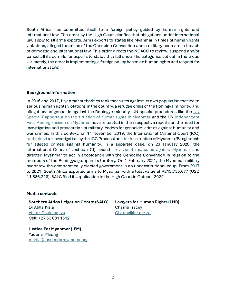 Press Release📣Landmark Order on Arms Exports: High Court of South Africa Sets Aside Permits for Arms Exports to #Myanmar. The order was granted to <a href="/Follow_SALC/">SALC</a>, represented by <a href="/LHR_SA/">Lawyers for Human Rights</a>. Read our joint press release here 👉🏽 bit.ly/46fOyqW