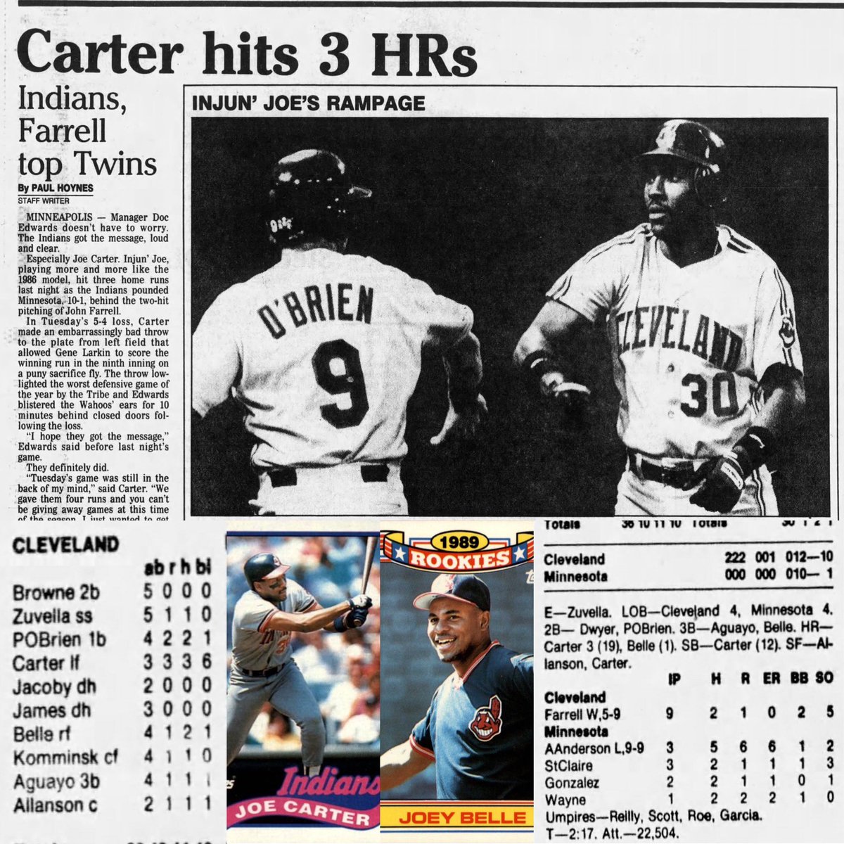 MrCleveland_216's tweet photo. July 19, 1989: Trifecta⚾️

 Joe Carter hits 3 HRs in #FortheLand 10-1 W vs. #MNTwins 

Joe’s 4th time in career w/ 3 HRs in game-tying Lou Gehrig (!!) and gave Carter MLB record-tying 5 HR in 2 games.

Also in this same game, Albert Belle hits his 1st MLB HR 

#Stud
#FutureStud https://t.co/raIHXUkhz8