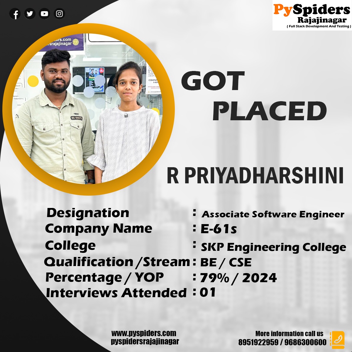 QRajajinagar's tweet image. Congratulations R PRIYADHARSHINI
BE(CSE) Graduate placed as ASSOCIATE SOFTWARE ENGINEER from Pyspiders Rajajinagar

Contact us
8951922959 / 9686300600

#pyspidersrajajinagar
#pythonfullstack
#testinganddevelopment
#2024passout
#pyspiders
#gotplaced
#associatesoftwareengineer