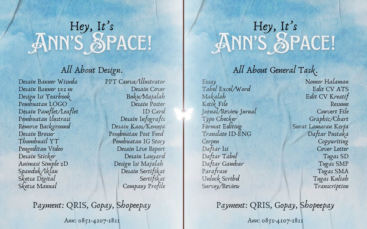 haii luuv! Ann's Space openn yaahh! tugas sd-kuliah, ppt tugas, ppt sidang, design/desain poster, leaflet, brosur, banner landscape, banner wisuda, company profile, animasi 2d, desain kaos, layout majalah, sertifikat, etc.! chat ke wa.me/6285141071821 ya luvv!^^#zonauang