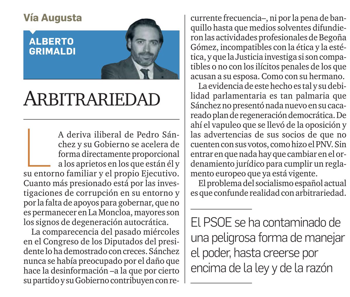 A_Grimaldi's tweet image. Columna de opinión #VíaAugusta en los periódicos del @GrupoJoly: Arbitrariedad. EL PSOE se ha contaminado de una peligrosa forma de manejar el poder, hasta creerse por encima de la ley y de la razón.
Leála completa, gratis bajo registro. diariodesevilla.es/opinion/articu… vía @DiarioSevilla