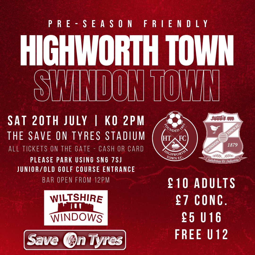 TOMORROW…

Tomorrow we continue our pre-season schedule as we host <a href="/Official_STFC/">Swindon Town Football Club</a> at The Save On Tyres Stadium!

Get along and see how the squad is shaping up ahead of the new season!

Please remember to park using SN6 7SJ postcode using the old golf course entrance 

🔴⚫️🔴⚫️