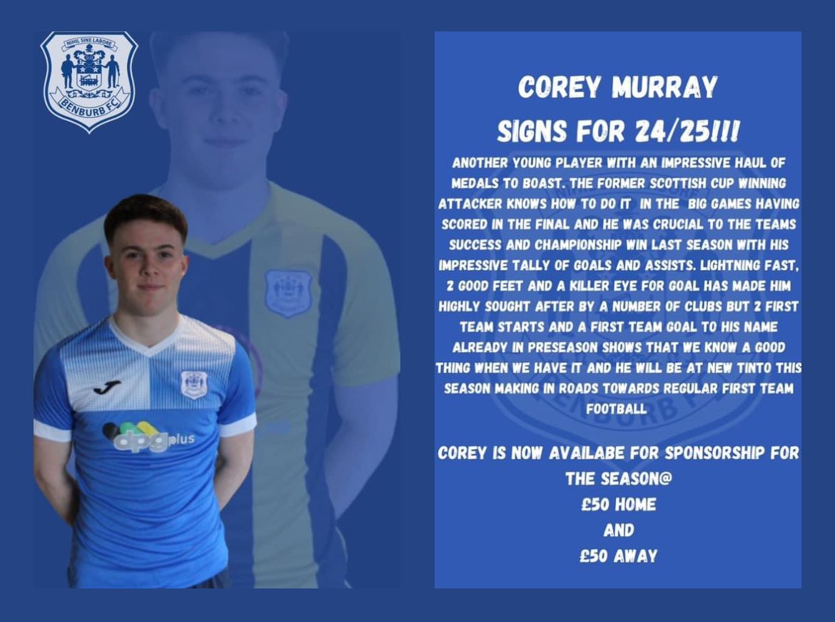 BenburbU20s's tweet photo. U20s SQUAD NEWS!!! 📝 

Delighted to secure Corey Murray for the coming season. 💙💪🏻

Contact the club if you’d like to sponsor Corey!! https://t.co/b0QJChI3Vr