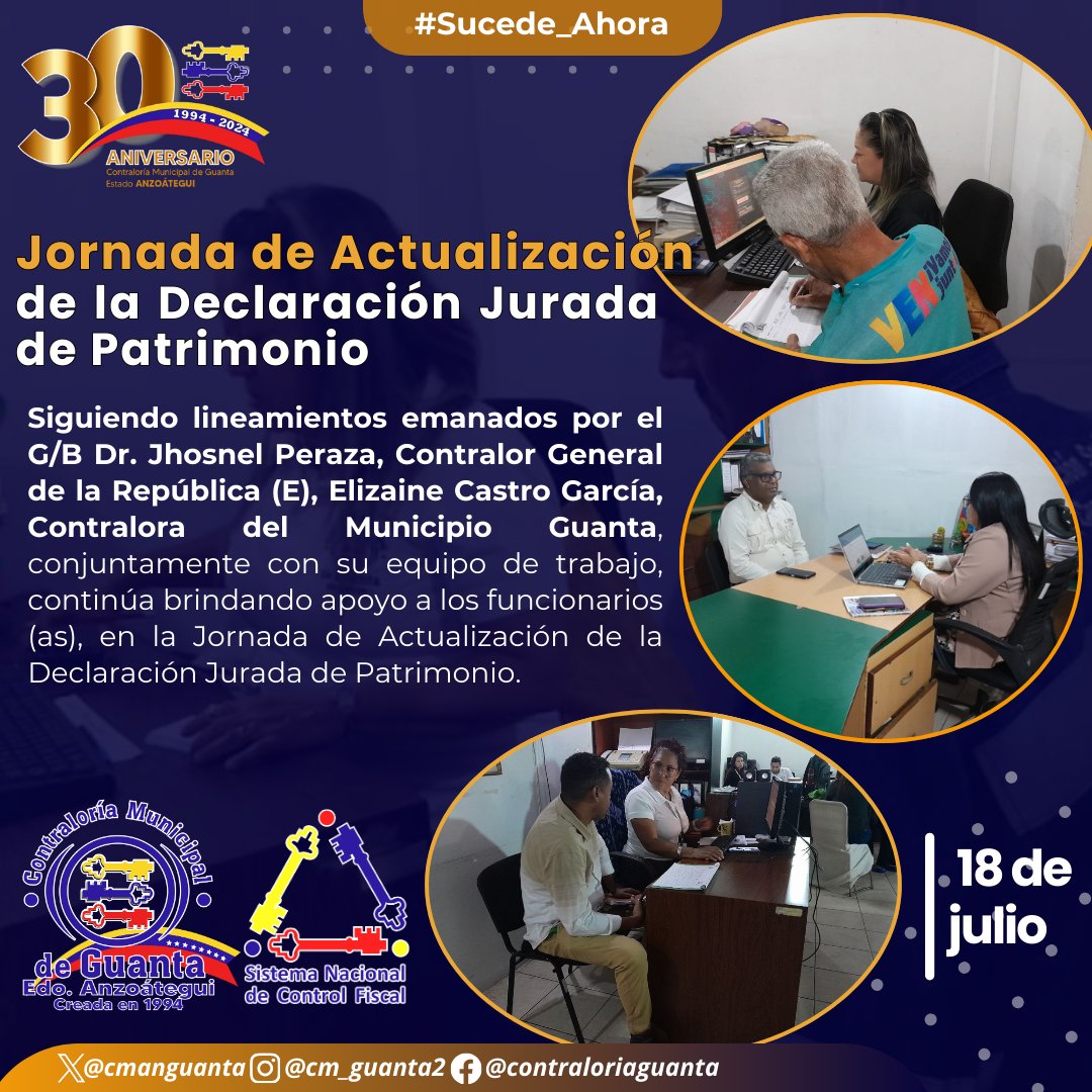 CMANGuanta's tweet photo. Elizaine Castro García, Contralora del Municipio Guanta, conjuntamente con su equipo de trabajo, continúa brindando apoyo a los funcionarios (as), en la Jornada de Actualización de la Declaración Jurada de Patrimonio. https://t.co/Hj1PqRCkt1