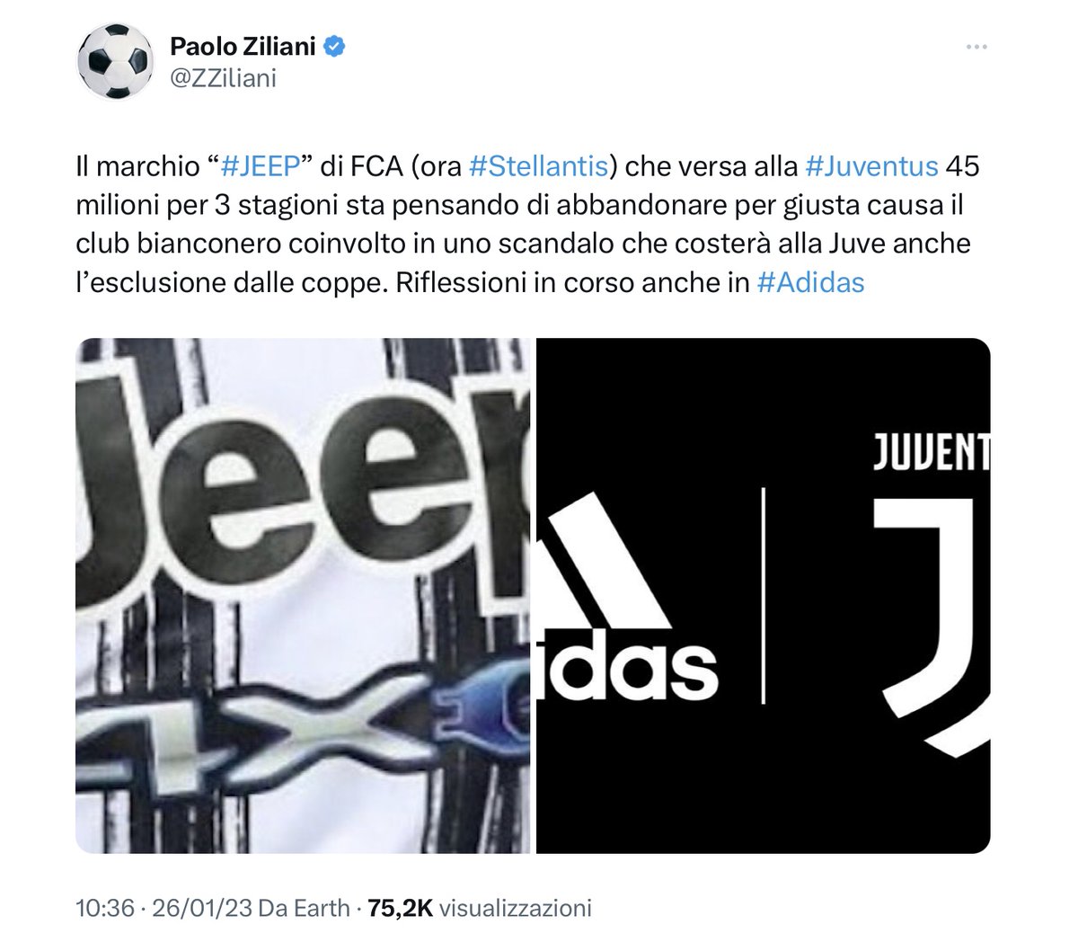 ZZiliani's tweet photo. La Juventus davanti a un bivio: o si accontenta di uno sponsor da 20 milioni o aspetta un Principe Azzurro che potrebbe non passare più 
Dopo che "Jeep" coi suoi 45 milioni ha deciso di darsela a gambe, Madama vorrebbe sostituirlo con un marchio blasonato e danaroso: ma non considera che essendo ancora alle prese con tribunali e processi, che si protrarranno anni, la sua immagine è seriamente compromessa. Per questo i soldi offerti sono pochi e il prestigio dei marchi modesto

(su https://t.co/l4gP5JFvFc e su Twitter abbonati)