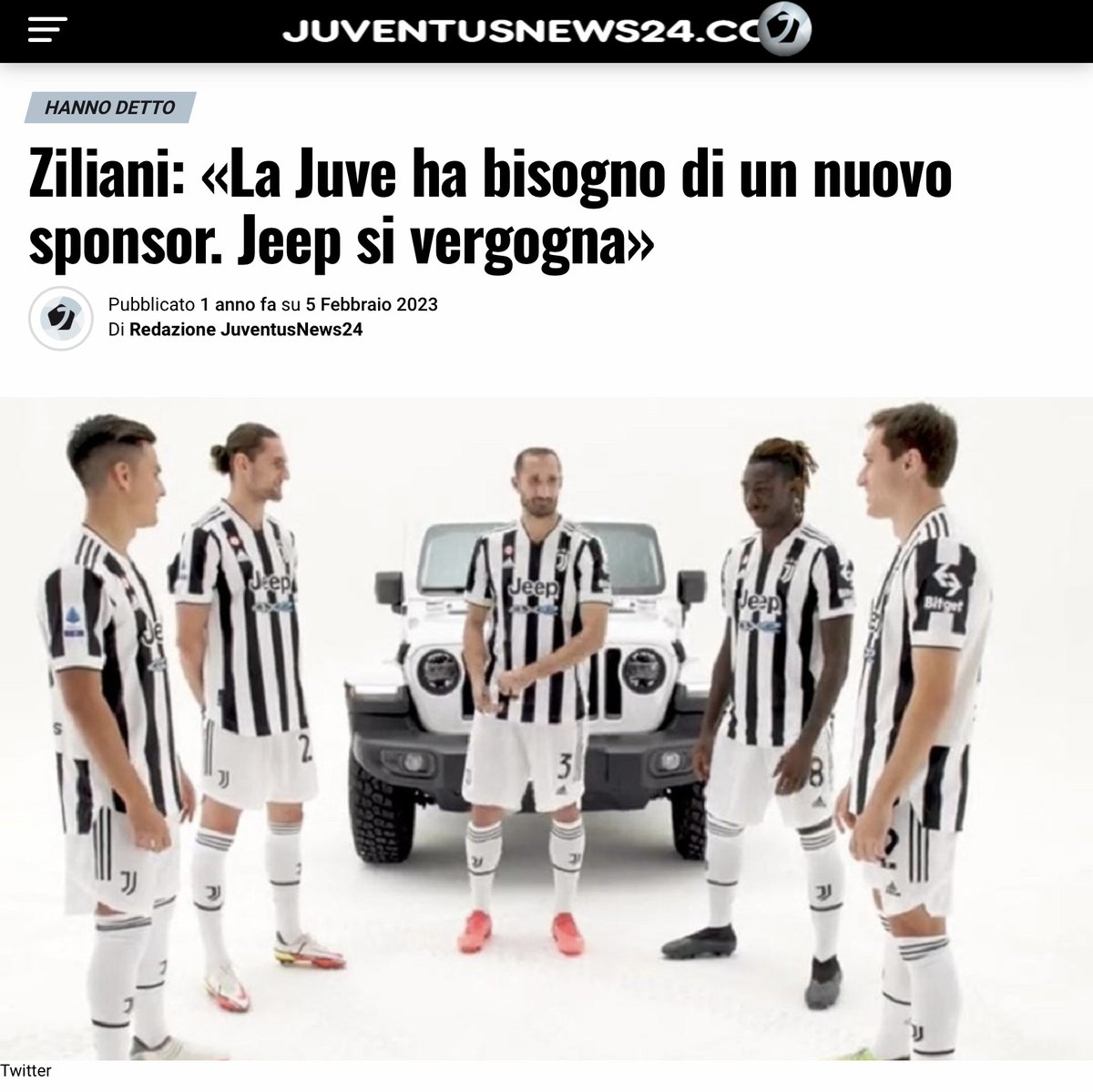 ZZiliani's tweet photo. La Juventus davanti a un bivio: o si accontenta di uno sponsor da 20 milioni o aspetta un Principe Azzurro che potrebbe non passare più 
Dopo che "Jeep" coi suoi 45 milioni ha deciso di darsela a gambe, Madama vorrebbe sostituirlo con un marchio blasonato e danaroso: ma non considera che essendo ancora alle prese con tribunali e processi, che si protrarranno anni, la sua immagine è seriamente compromessa. Per questo i soldi offerti sono pochi e il prestigio dei marchi modesto

(su https://t.co/l4gP5JFvFc e su Twitter abbonati)