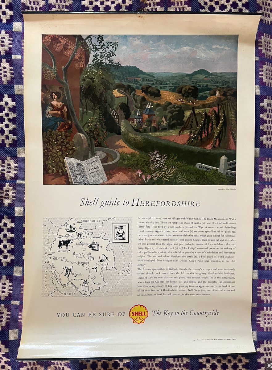 AnneLouiseAvery's tweet photo. For sale! The Shell Guide to Herefordshire, a particularly interesting poster from the series. Designed by the Great Bardfield artist, John Aldridge, it evokes the county in a miscellany of images: the stone carvings of Kilpeck, the Welsh and English road signs of the Marches, hops and ripening apples and pears for cider and perry, mistletoe, more plentiful here than in any other county, and a portrait of Nell Gwyn, beloved daughter of Hereford. The bucolic rolling border country with its tumps and ruined castles and ancient farmhouses leads to the Black Mountains in the far distance, gateway to Wales. Price: £50. Dm to buy or purchase directly from my Etsy shop here: https://t.co/G6ZUtPSn3I