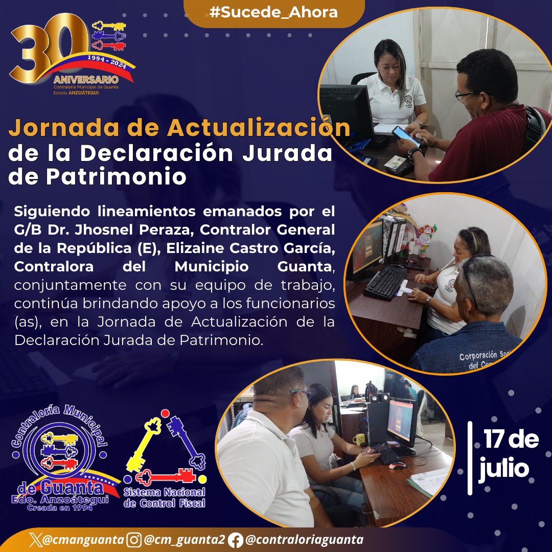 CMANGuanta's tweet photo. Elizaine Castro García, Contralora del Municipio Guanta, conjuntamente con su equipo de trabajo, continúa brindando apoyo a los funcionarios (as), en la Jornada de Actualización de la Declaración Jurada de Patrimonio. https://t.co/zCYDt9eR89