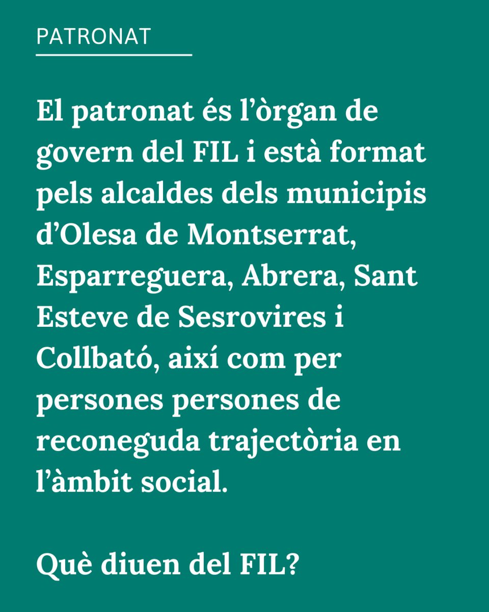 Fundacio_FIL's tweet photo. El patronat és l'òrgan de govern i representació de les fundacions. En el cas del FIL, està format pels alcaldes d’Olesa de Montserrat, Esparreguera, Abrera, Sant Esteve de Sesrovires i Collbató, així com per persones de reconeguda trajectòria en el tercer sector.
#SomFIL #FIL 👇🏼 https://t.co/YyobJRr3Ug