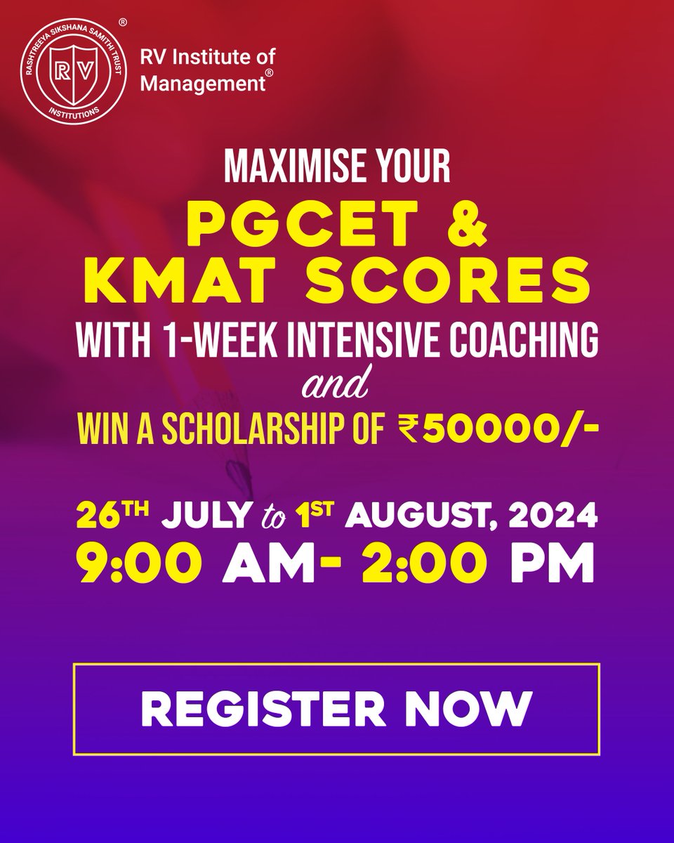 RVIM_Official's tweet photo. Prepare for PGCET/KMAT with #RVIM 1-week intensive coaching, led by experienced instructors. The top 15 students who have cleared PGCET(within 100 Rank) and who wish to join our institution will be awarded a scholarship of Rs. 50,000/- 
Register Now: https://t.co/WDIMEsDilF https://t.co/yp5dSovx00