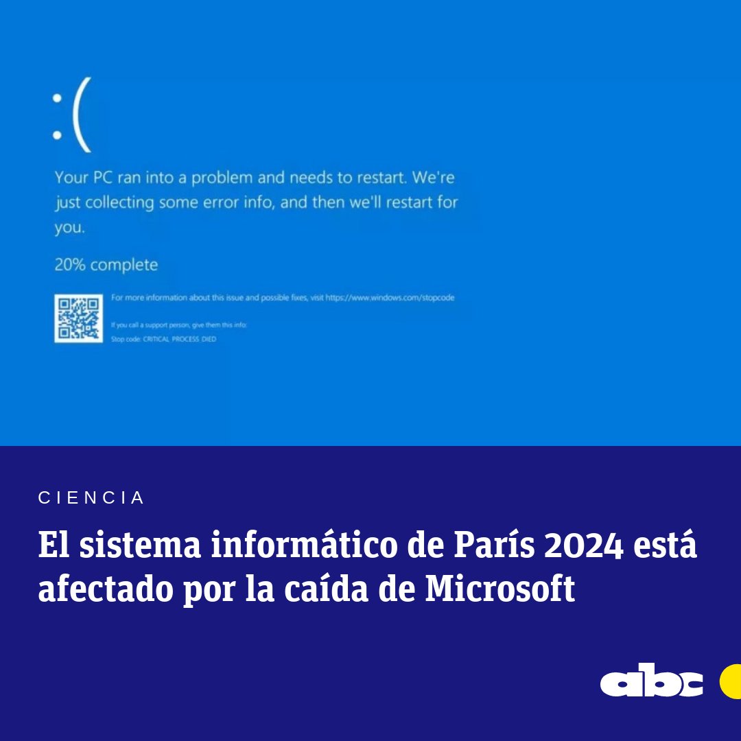 ABCDigital's tweet photo. #ABCMundo| El sistema informático de #París2024 también fue afectado por la #FallaMicrosoft.
🔸 El fallo afecta a sistemas como la plataforma My Info que se puso en funcionamiento para recopilar información relativa a las pruebas olímpicas y sus participantes.
🔸Tampoco funciona el servicio de gestión de las acreditaciones olímpicas, como por ejemplo las de la prensa.
📲 https://t.co/YHhKcNhPuW