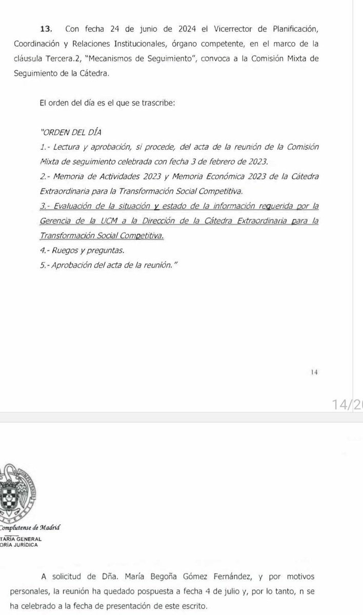 La Complutense tomando partido.  Envió el informe al juez Peinado en el que dice que Begoña Gómez no colabora el día antes de que acudiera a entregar la documentación. No la aceptaron por existir un procedimiento judicial. El 24 de junio no pudo asistir por la muerte de su padre