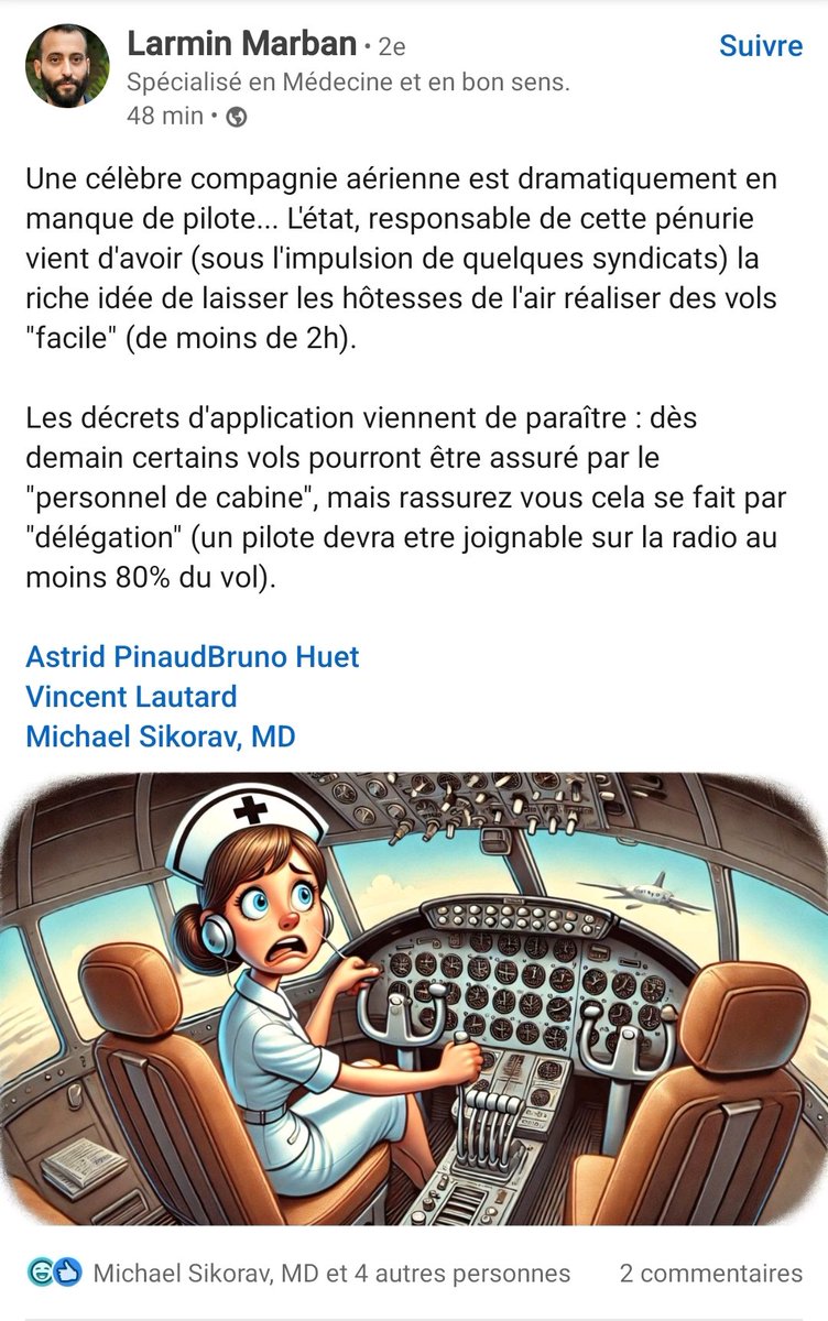 Nous à l'<a href="/anfaipa1/">@ANFAIPA1</a> on est d'accord avec le <a href="/PrLarmina/">Larmin Marban</a> 
Ça nous fait doucement rigoler de laisser croire que l'on peut piloter un avion alors que l'on veut juste s'asseoir sur les genoux du pilote et tenir le manche bien droit 🛫