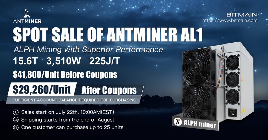 💥 ANTMINER AL1 现货发售
🤗 ALPH 挖矿性能卓越

☑️ 15.6T
☑️ 3,510 瓦
☑️ 225J/T