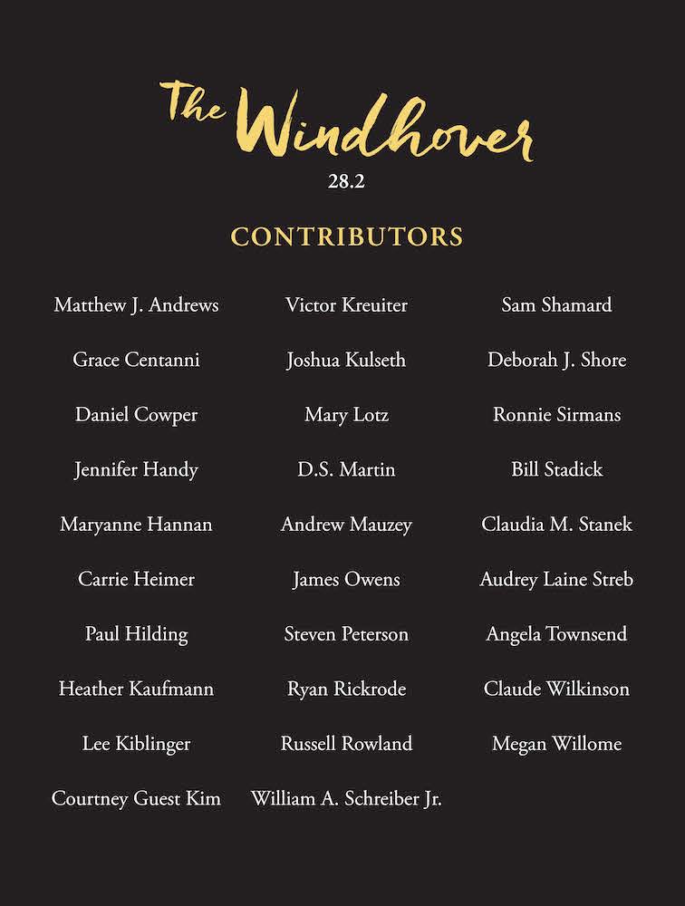 WindhoverMag's tweet photo. And now the back cover of 28.2. Twenty-nine wonderful contributors! The issue is at the printer, and we'll have ordering information soon. Stay tuned! #litmags #publishing https://t.co/KzLVOUwcsd
