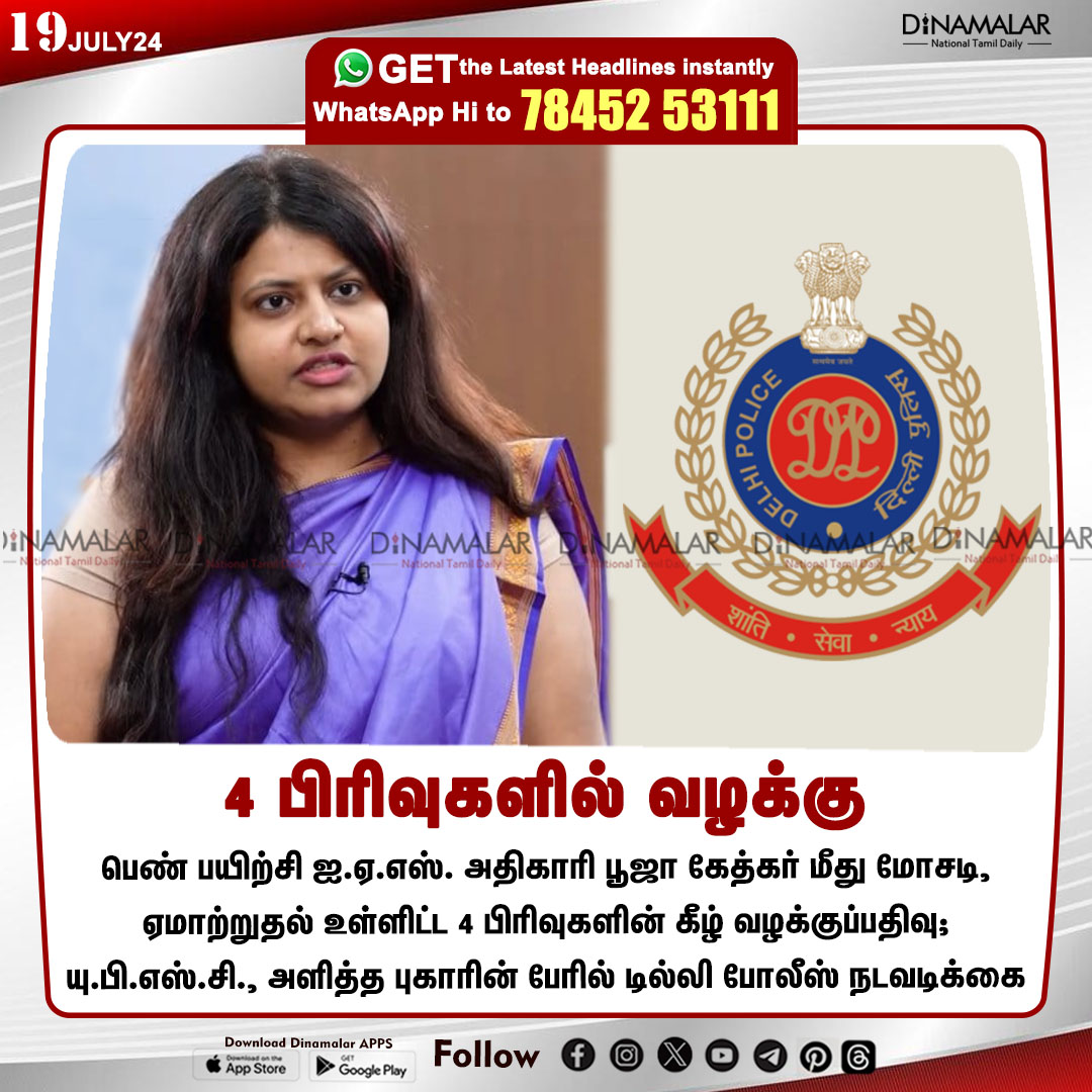 dinamalarweb's tweet photo. 4 பிரிவுகளில் வழக்கு
#IASofficer | #PoojaKhedkar | #Maharashtr | #trainingIAS | #Delhipolice | #UPSC
https://t.co/y4W3uzOWeZ https://t.co/by9IOccMZy